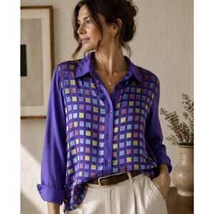 Vintage 100% Silk Vibrant Purple Checkerboard LS Btn Up Tunic Stunning Blouse